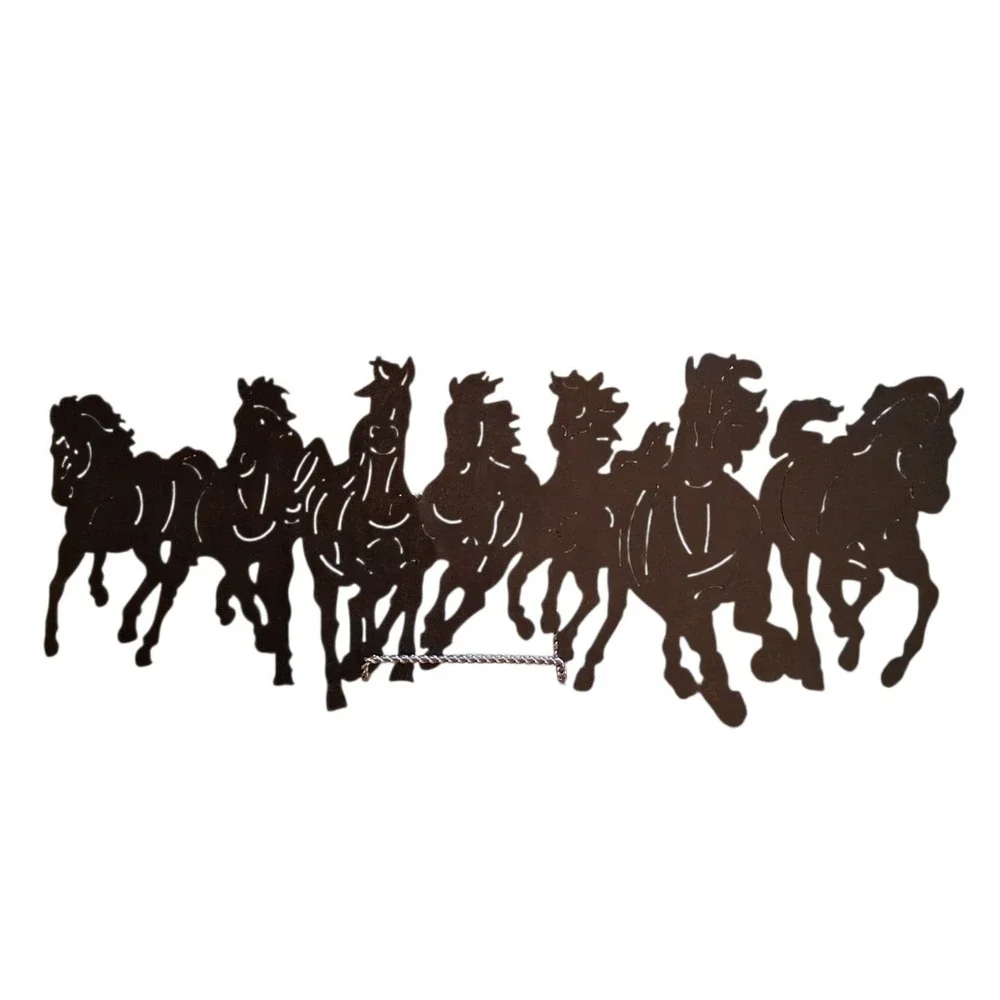 Seven Rustic Running Wild Horses 3D Intricately Cut Black Metal Wall Art 23Lx9T